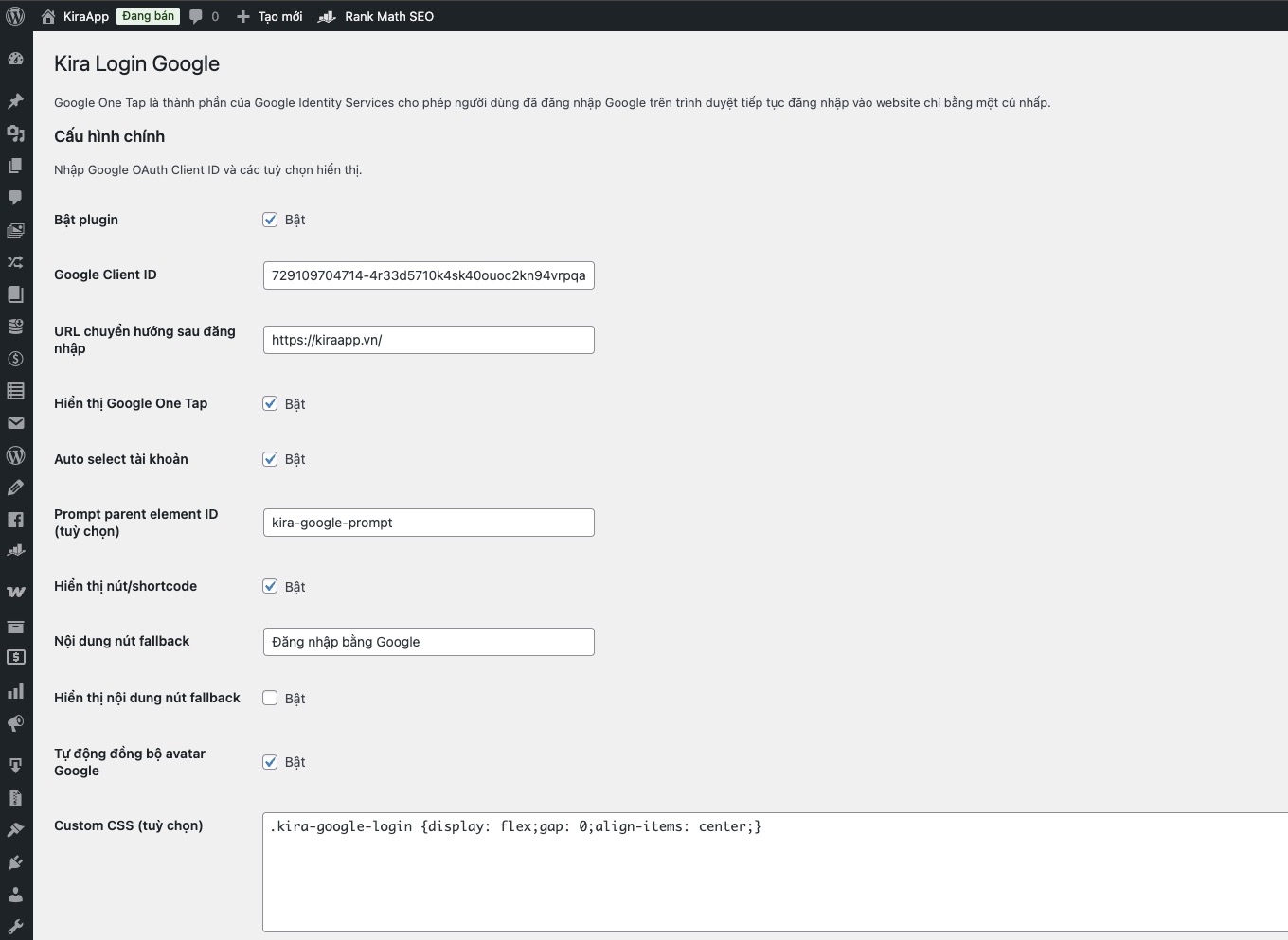 Cấu hình của plugin đăng nhập google