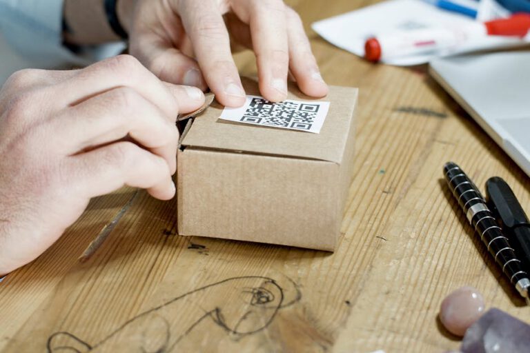 Close-up of hands packing a box with a QR code, symbolizing online business services.