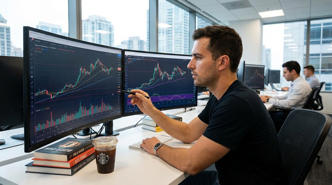 Nhà đầu tư đang phân tích biểu đồ giá tiền điện tử - Bảng giá tiền ảo