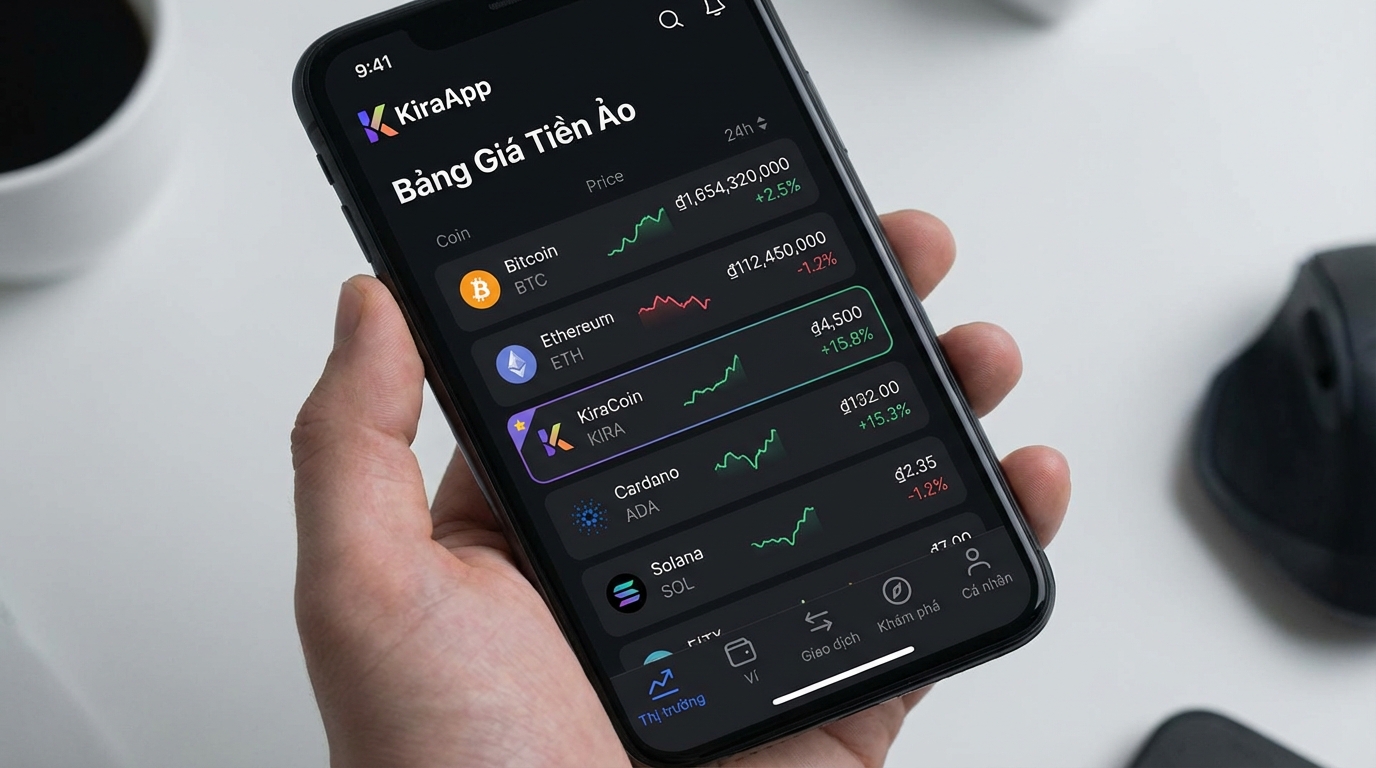Giao diện bảng giá tiền ảo của KiraApp - Bảng giá tiền ảo