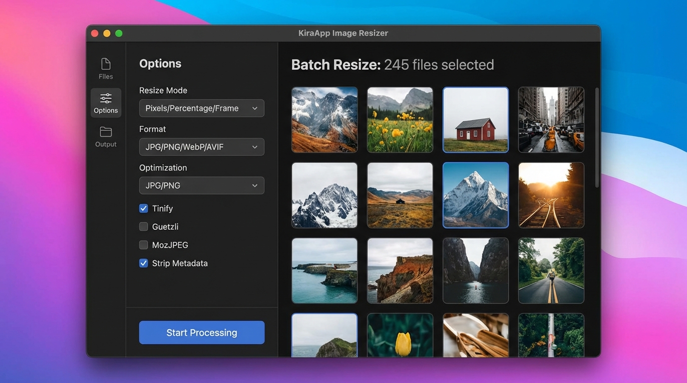 Giao diện trực quan, dễ sử dụng của công cụ resize hình ảnh KiraApp Image Resizer. - Công cụ resize hình ảnh đỉnh cao: Top 10 lựa chọn miễn phí 2026