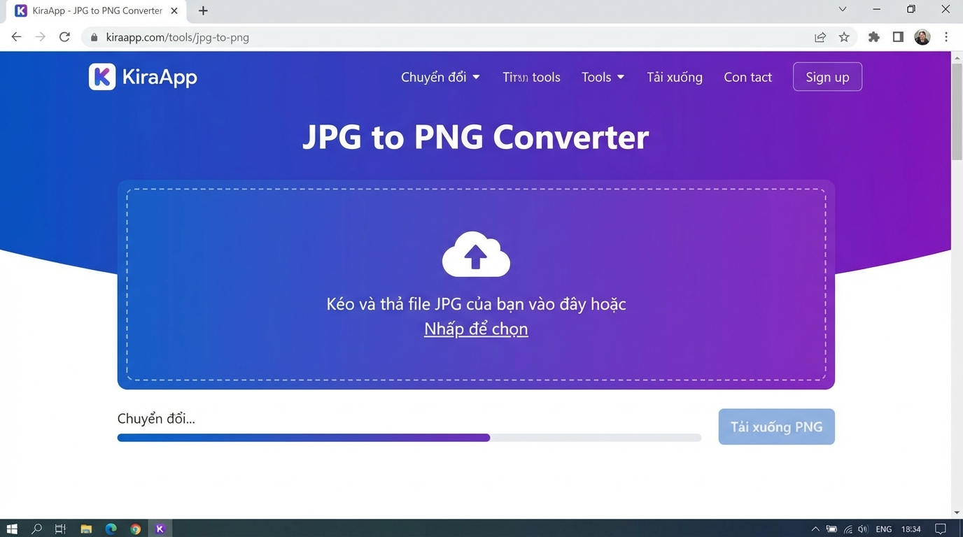 Giao diện trang công cụ đổi JPG sang PNG trên KiraApp - Công cụ Đổi JPG sang PNG