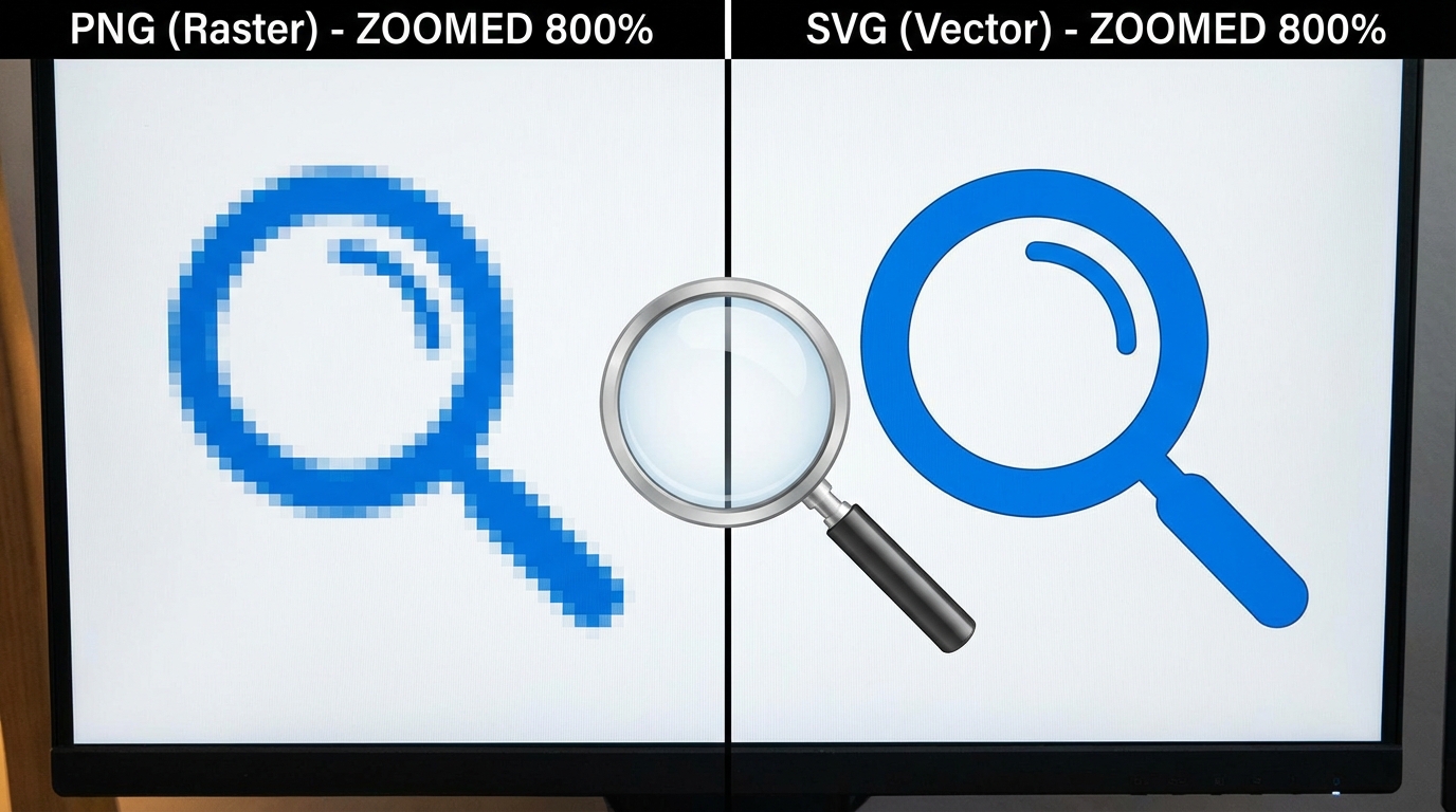Ảnh PNG (trái) bị vỡ khi phóng to, SVG (phải) giữ được độ sắc nét - Đổi PNG sang SVG