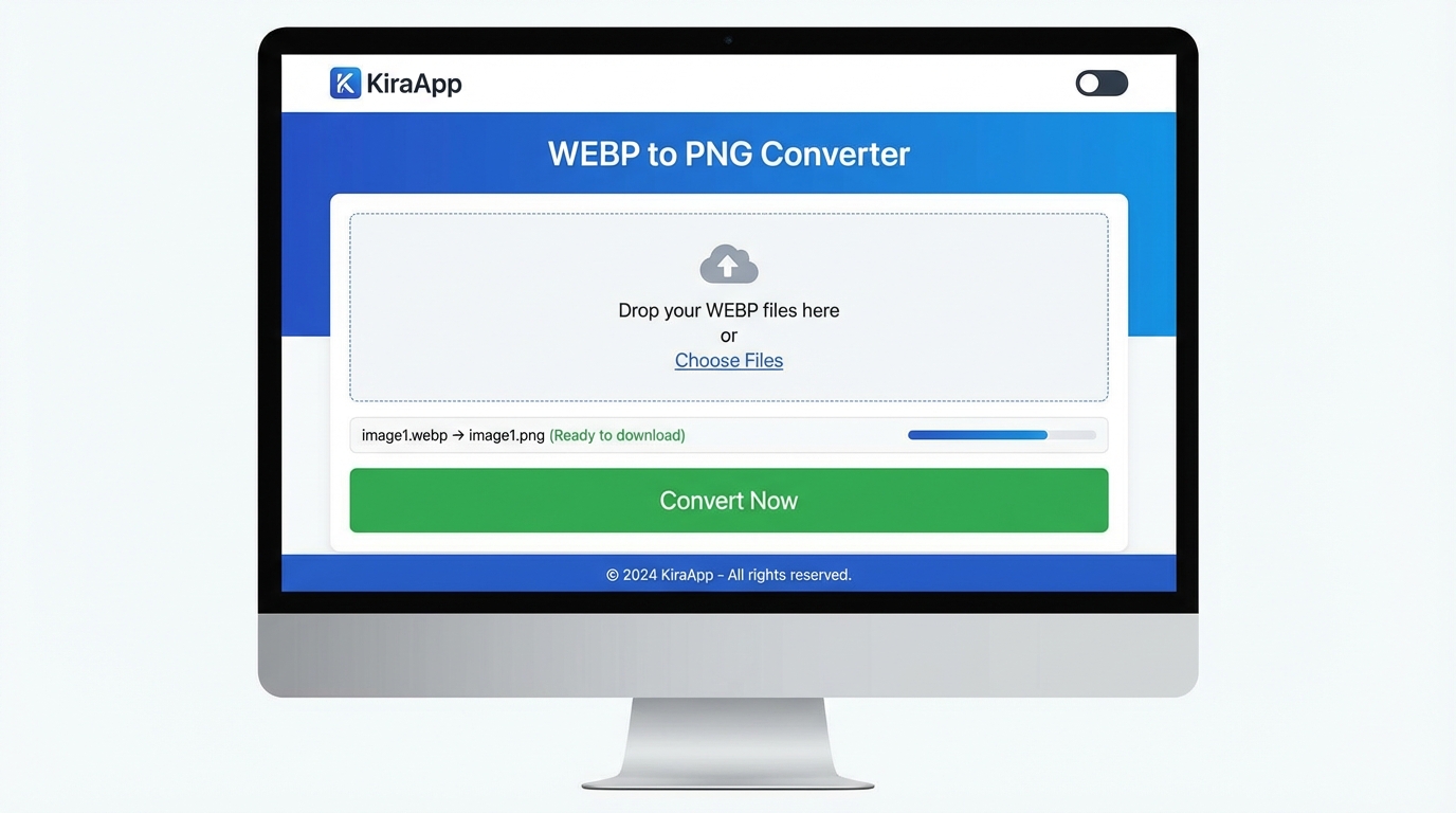 Giao diện trực quan của công cụ đổi WEBP sang PNG KiraApp - Công cụ Đổi WEBP sang PNG