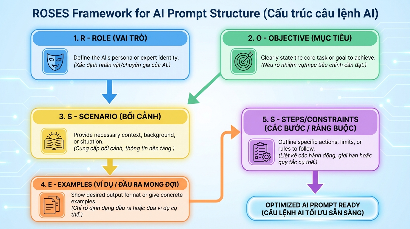sử dụng cấu trúc câu lệnh AI theo mô hình ROSES giúp kiểm soát quy trình xử lý thông tin của máy - Framework viết prompt cực đỉnh giúp bạn làm chủ mọi AI