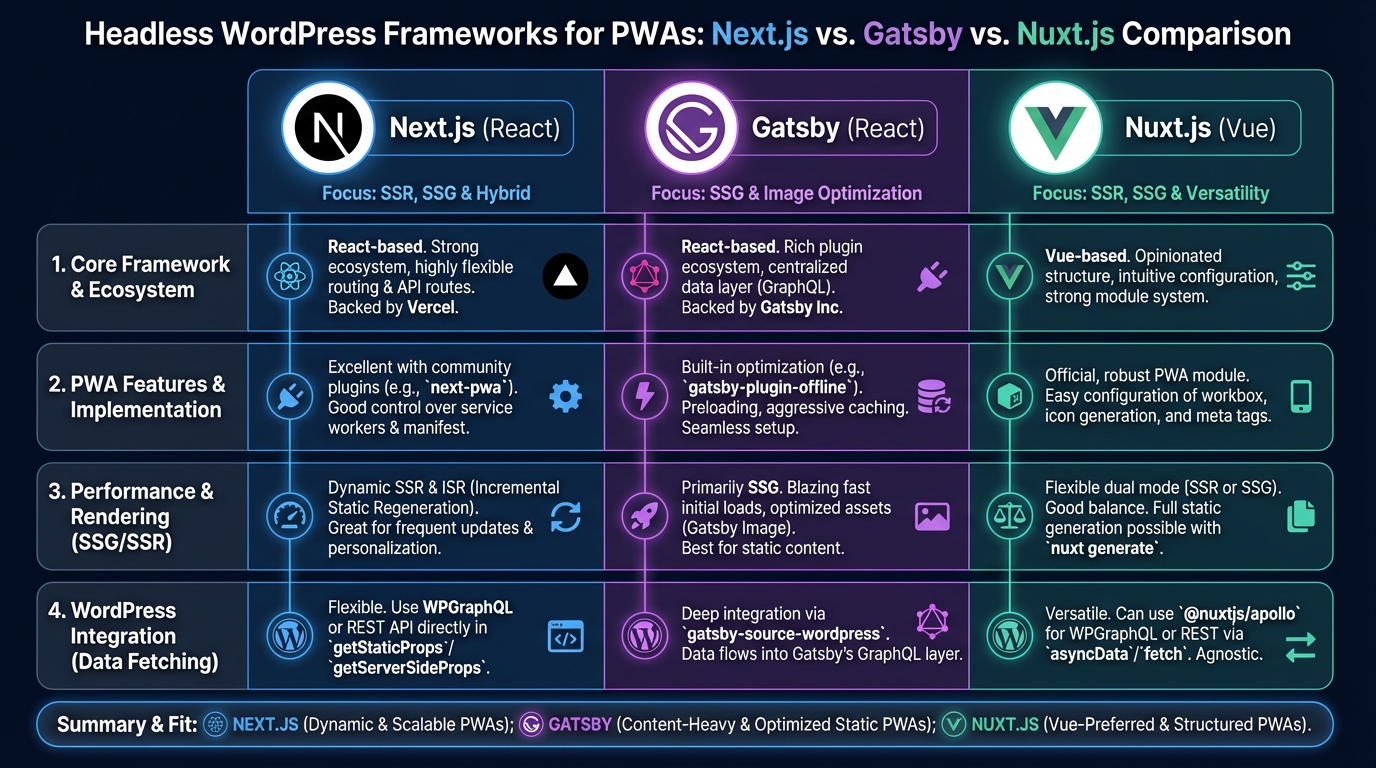 So sánh các framework phổ biến khi xây dựng PWA với WordPress - Headless WordPress 2026: 7 framework đột phá xây dựng PWA