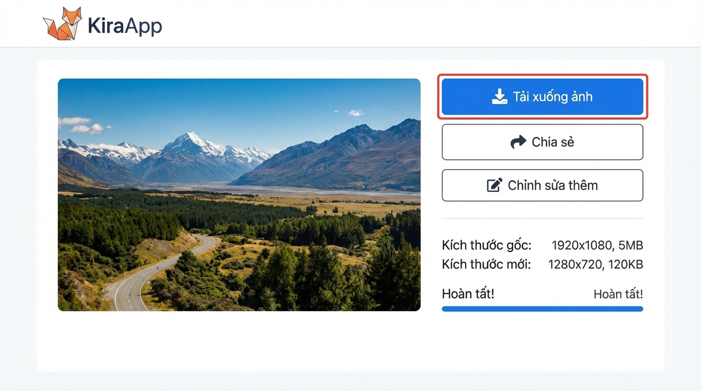 Giao diện tải ảnh sau khi thay đổi kích thước trên công cụ KiraApp - Công cụ thay đổi kích thước ảnh