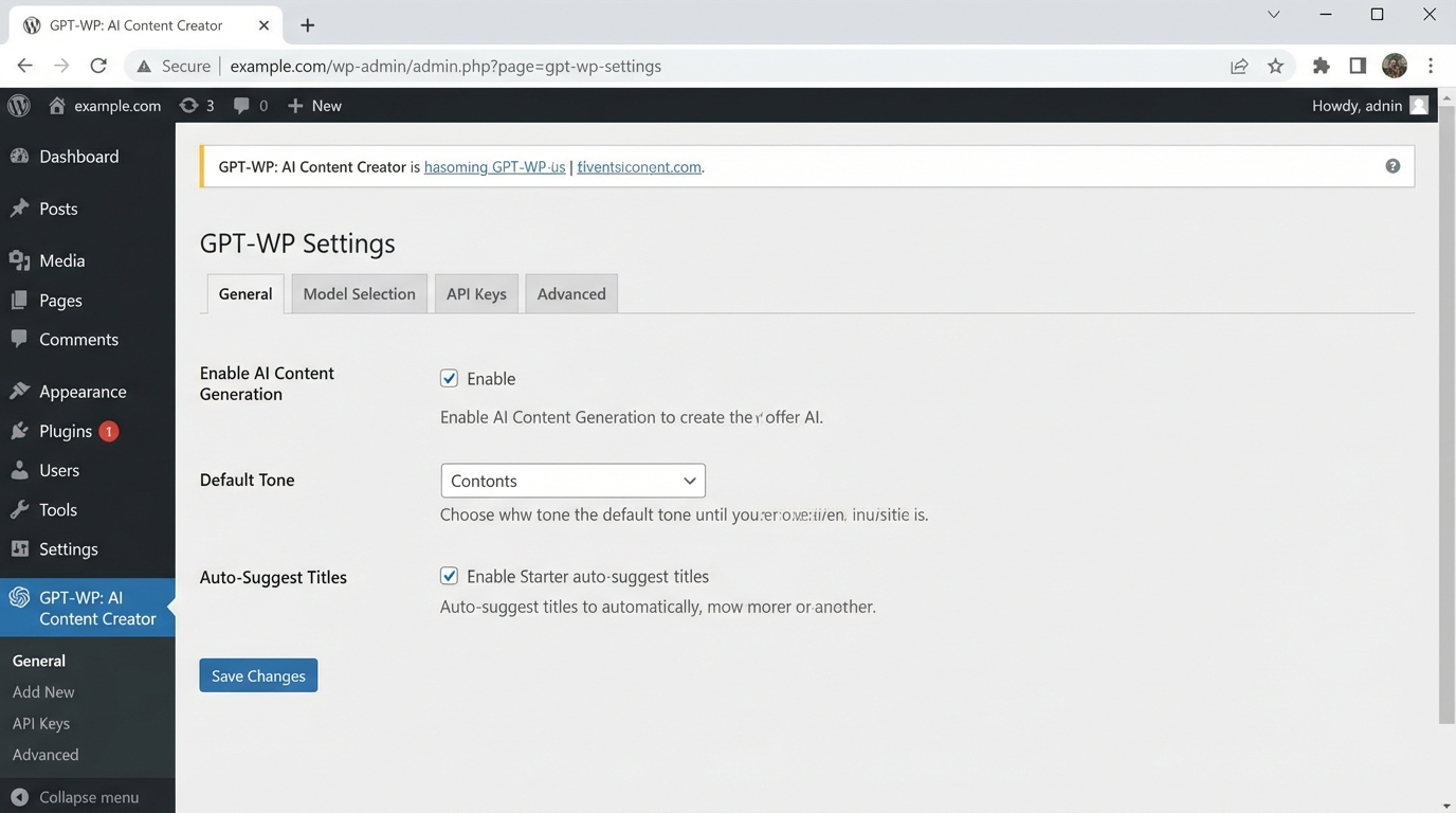 Giao diện cài đặt AI plugin WordPress giúp tự động hóa bài viết - Tích hợp ChatGPT vào WordPress: Tuyệt chiêu bứt phá nội dung