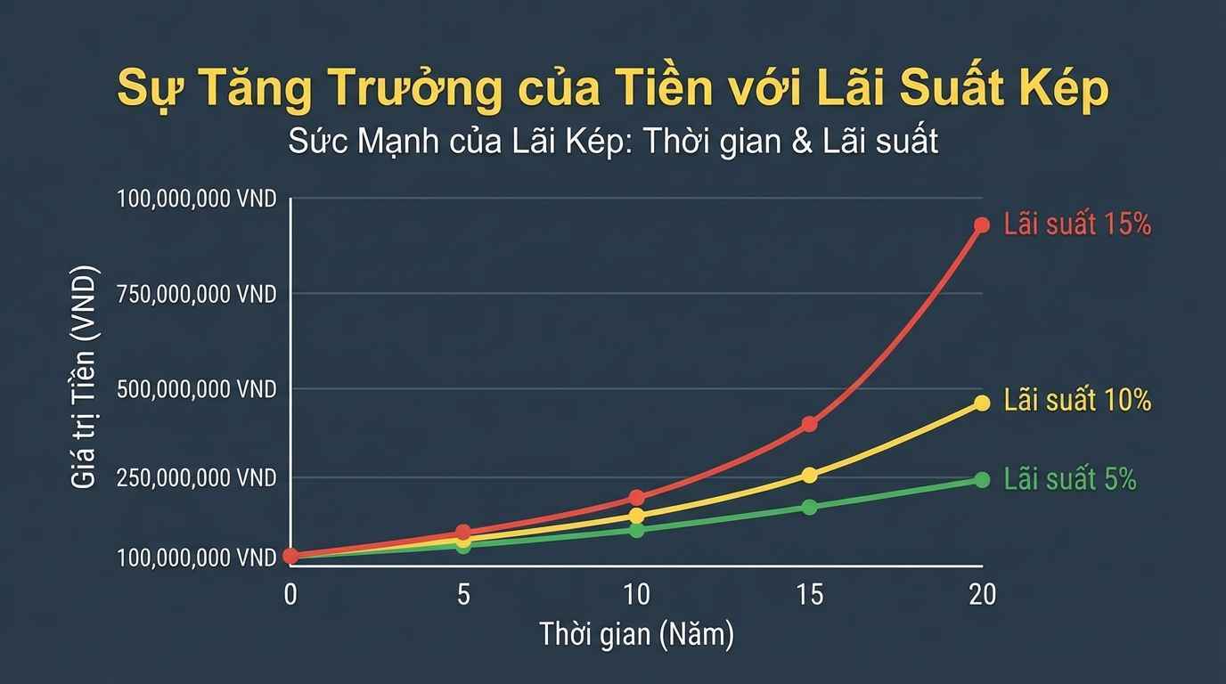 Sự tăng trưởng theo cấp số nhân của lãi suất kép. - Công cụ Tính lãi suất kép