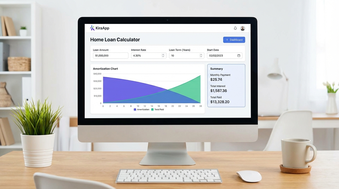 Giao diện trực quan và dễ sử dụng của công cụ tính lãi vay mua nhà KiraApp - Công cụ Tính lãi vay mua nhà