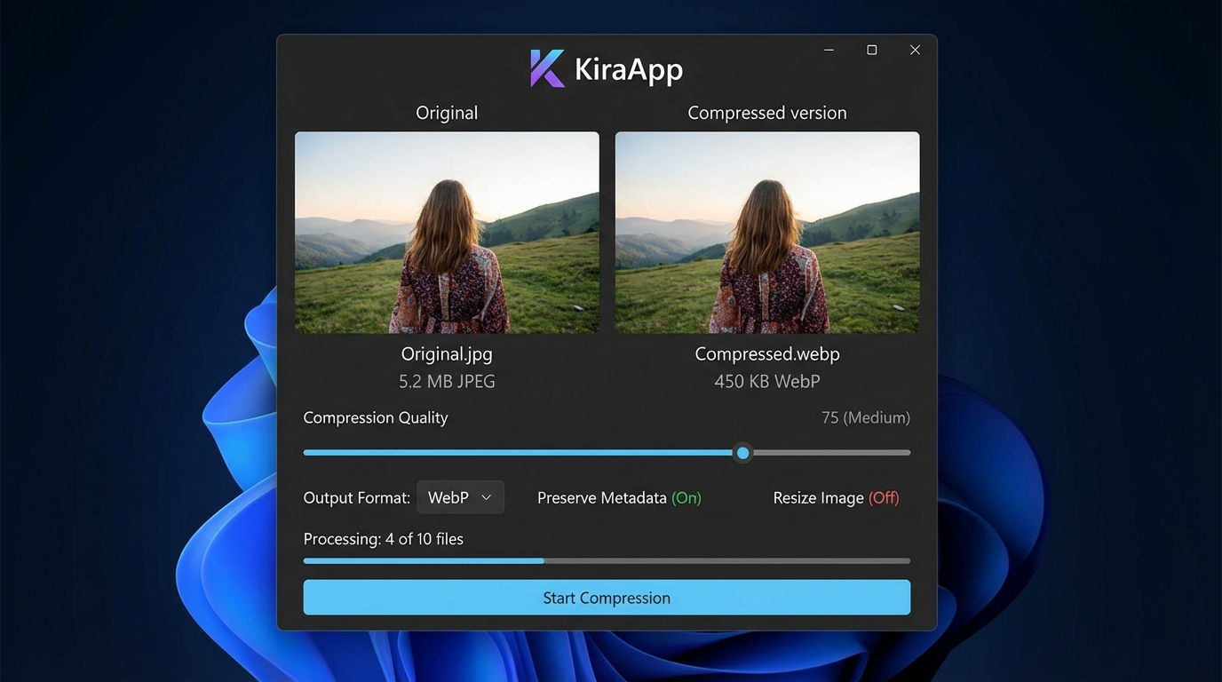 Các tùy chọn nén linh hoạt của KiraApp - Top 10 công cụ nén ảnh online miễn phí cực đỉnh 2026