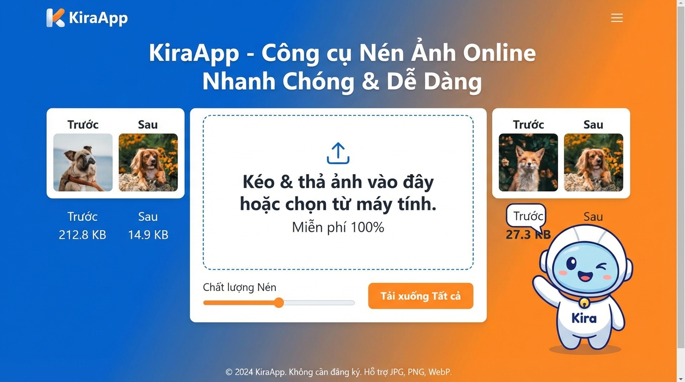 Giao diện trực quan của KiraApp - Công cụ nén ảnh hàng đầu - Top 10 công cụ nén ảnh online miễn phí cực đỉnh 2026