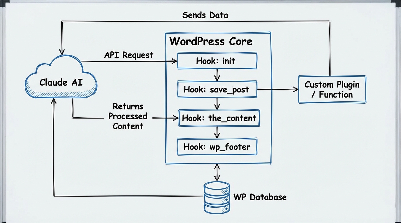 Quy trình tương tác giữa AI và hệ thống WordPress core - Viết plugin WordPress với AI: Hướng dẫn siêu tốc cực đỉnh
