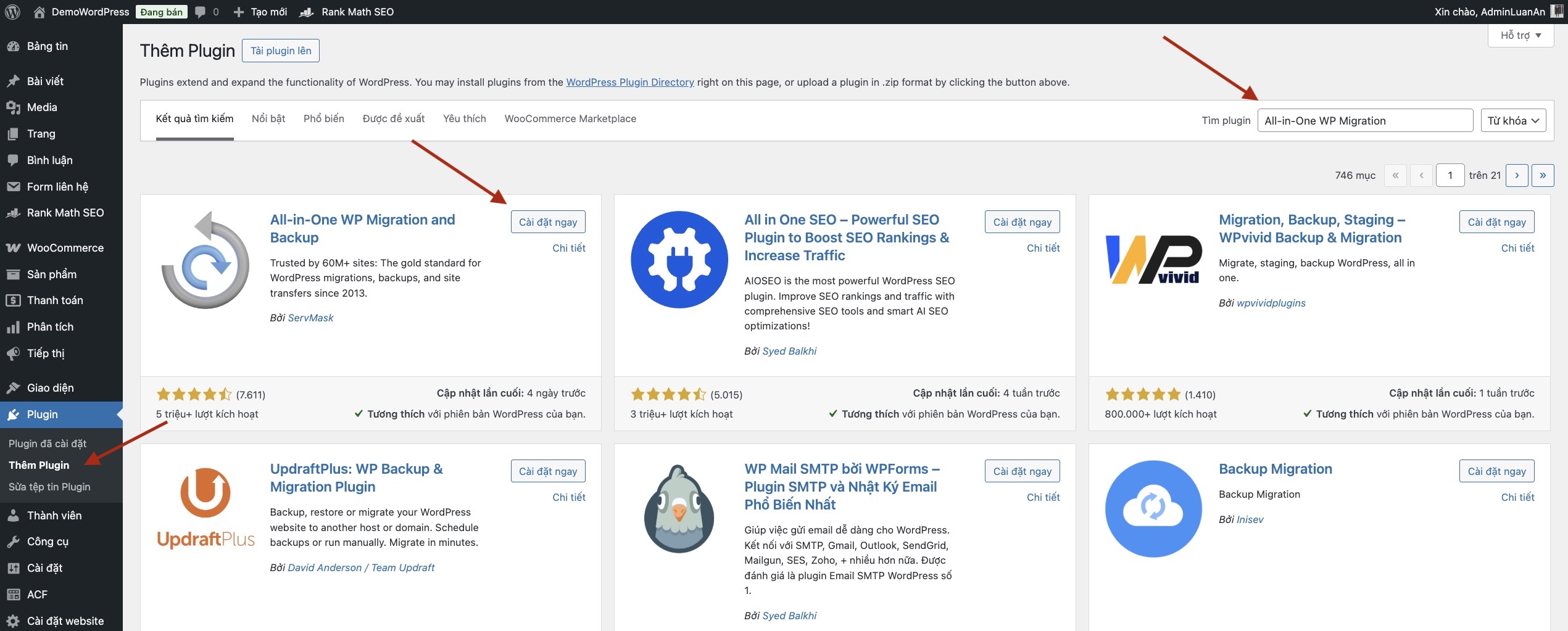 Cài đặt plugin All-in-One WP Migration Backup WordPress
