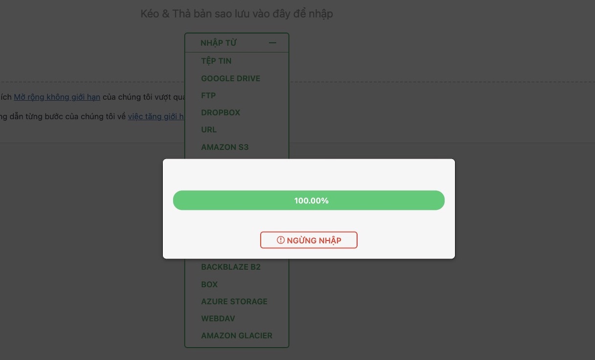 Chọn file .wpress tải lên