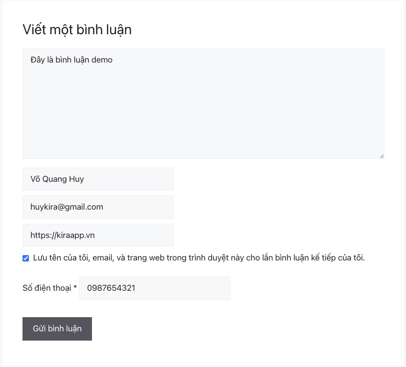 Form bình luận ngoài website có thêm field