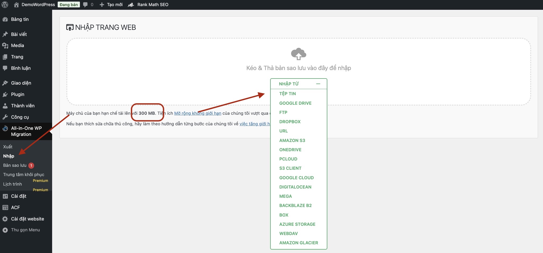 Giao diện Import của All-in-One WP Migration