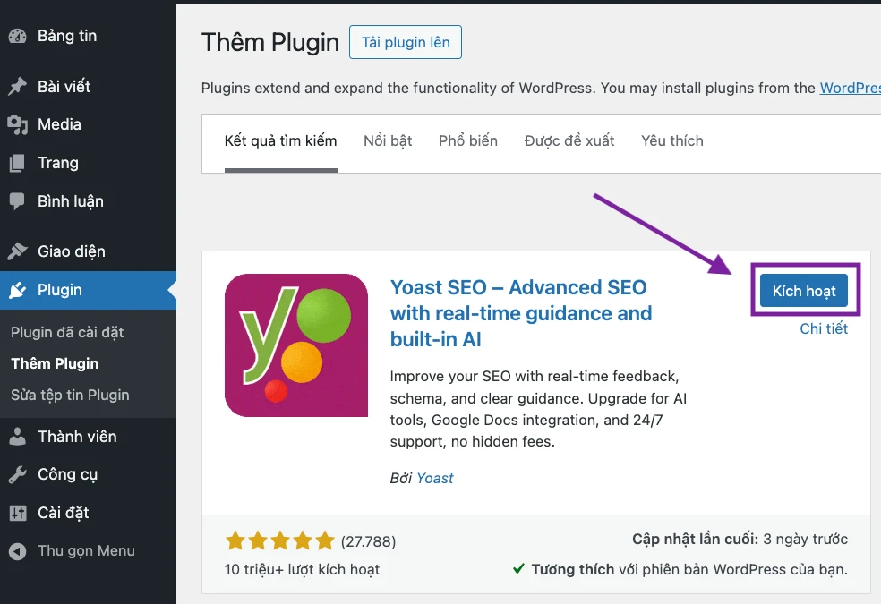 Kích hoạt plugin Yoast Seo