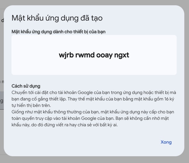 Mật khẩu ứng dụng được tạo