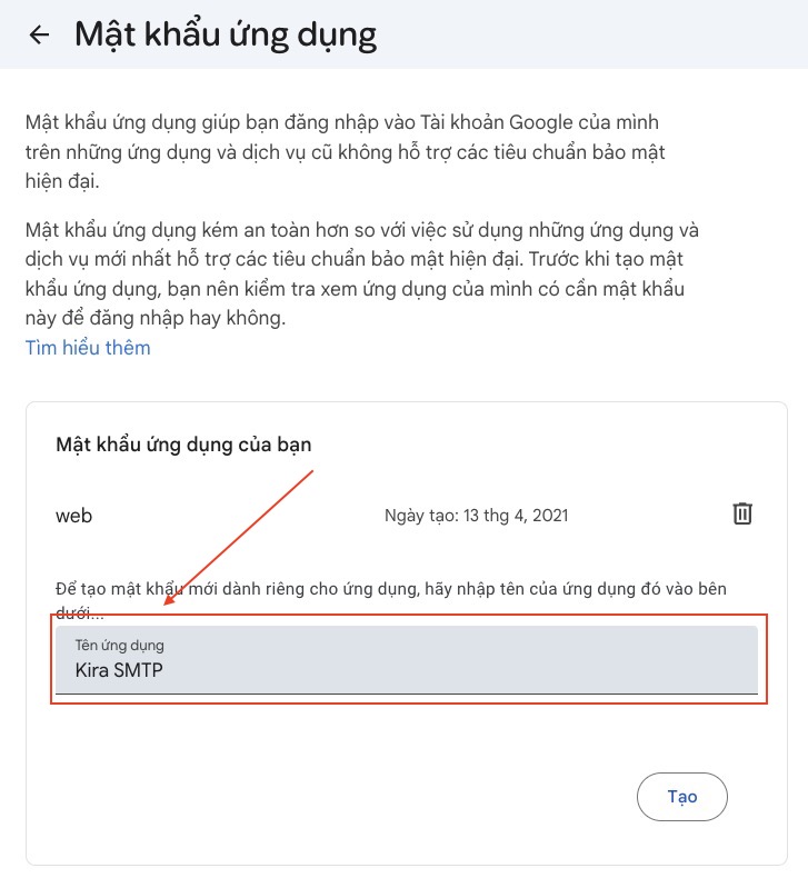 Nhập tên ứng dụng dễ nhớ sau đó bấm tạo