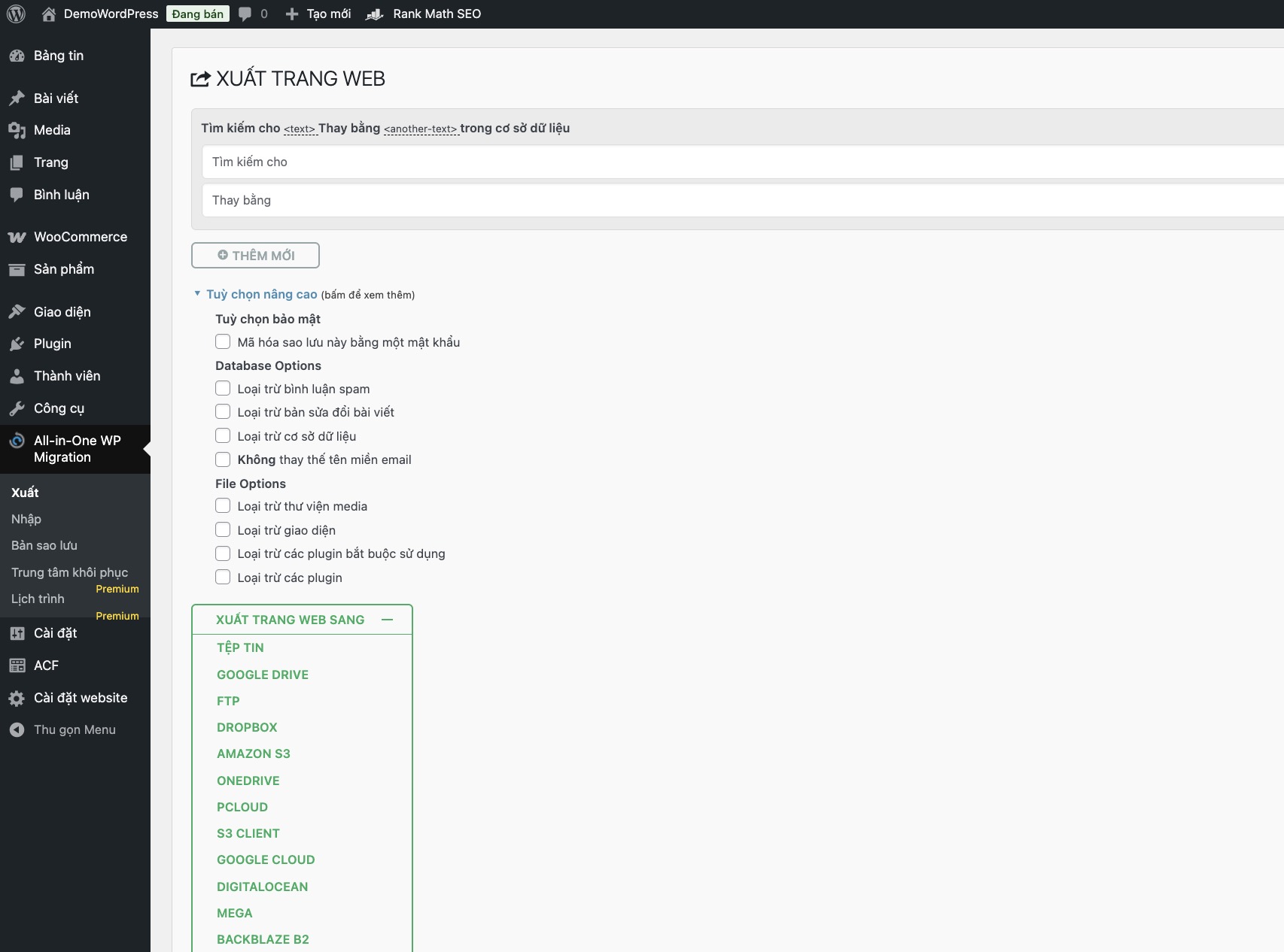 Giao diện Export của All-in-One WP Migration