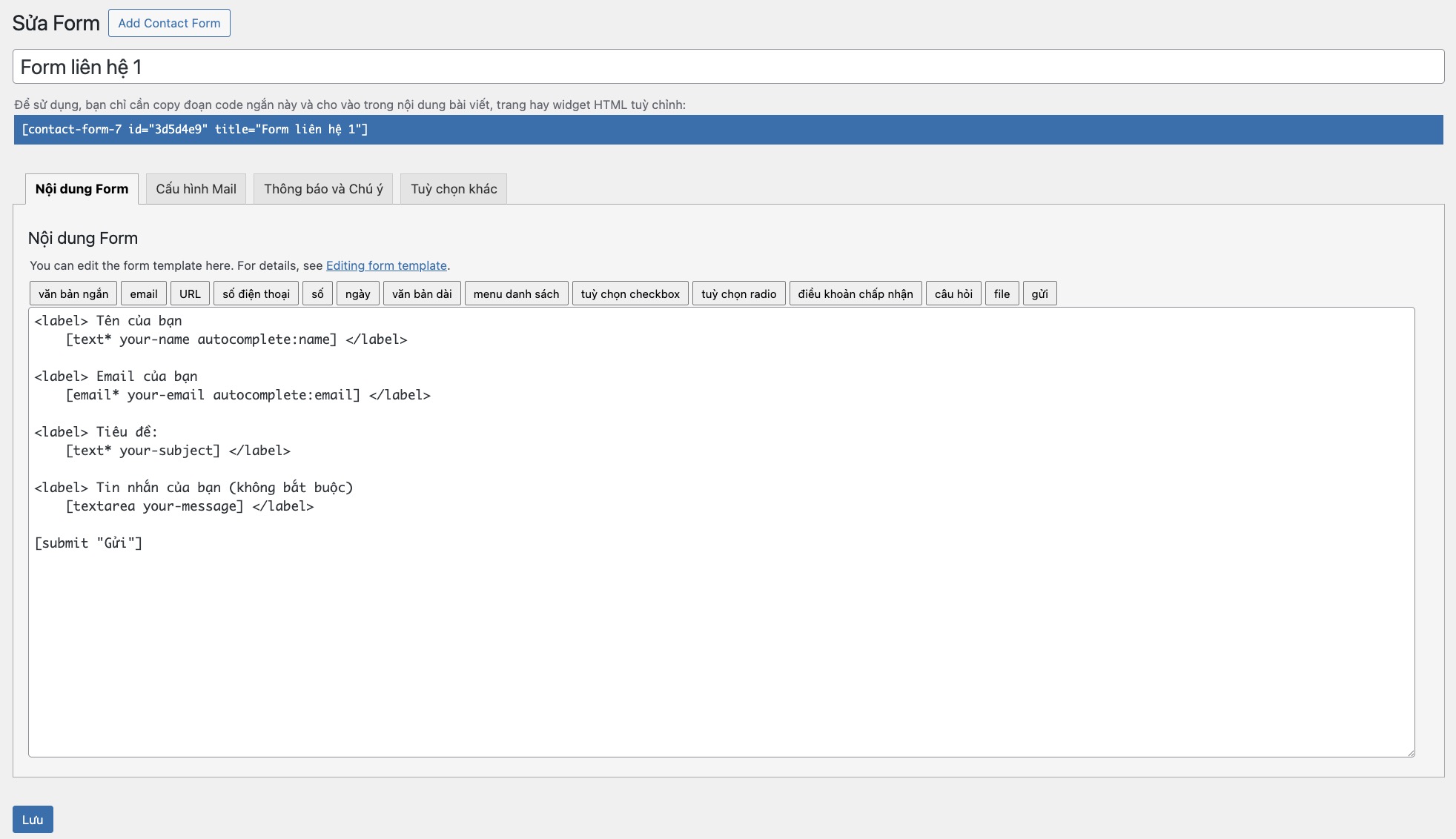 Thẻ Form (Form Tab) để tạo form trong WordPress