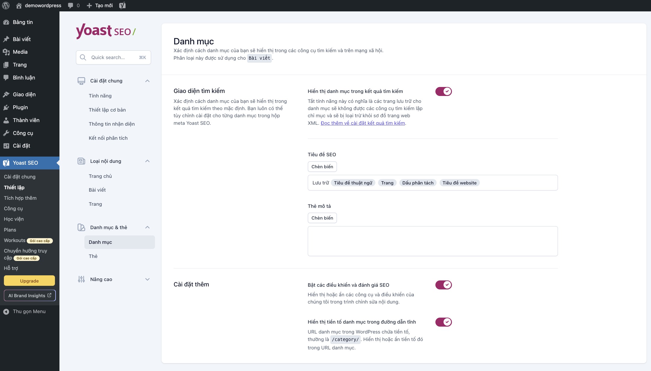 Thiết lập danh mục và thẻ