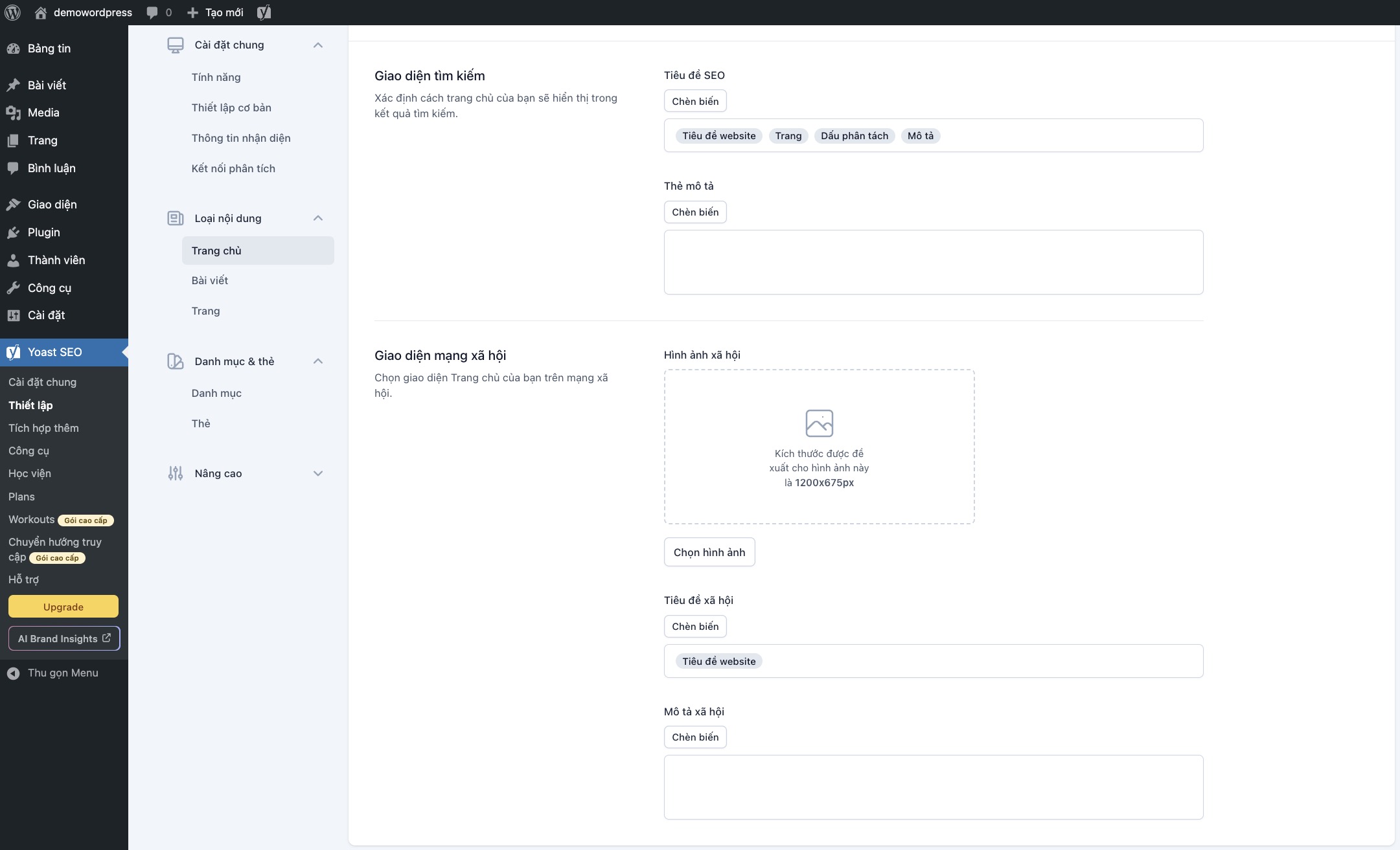 Thiết lập loại nội dung - Trang chủ