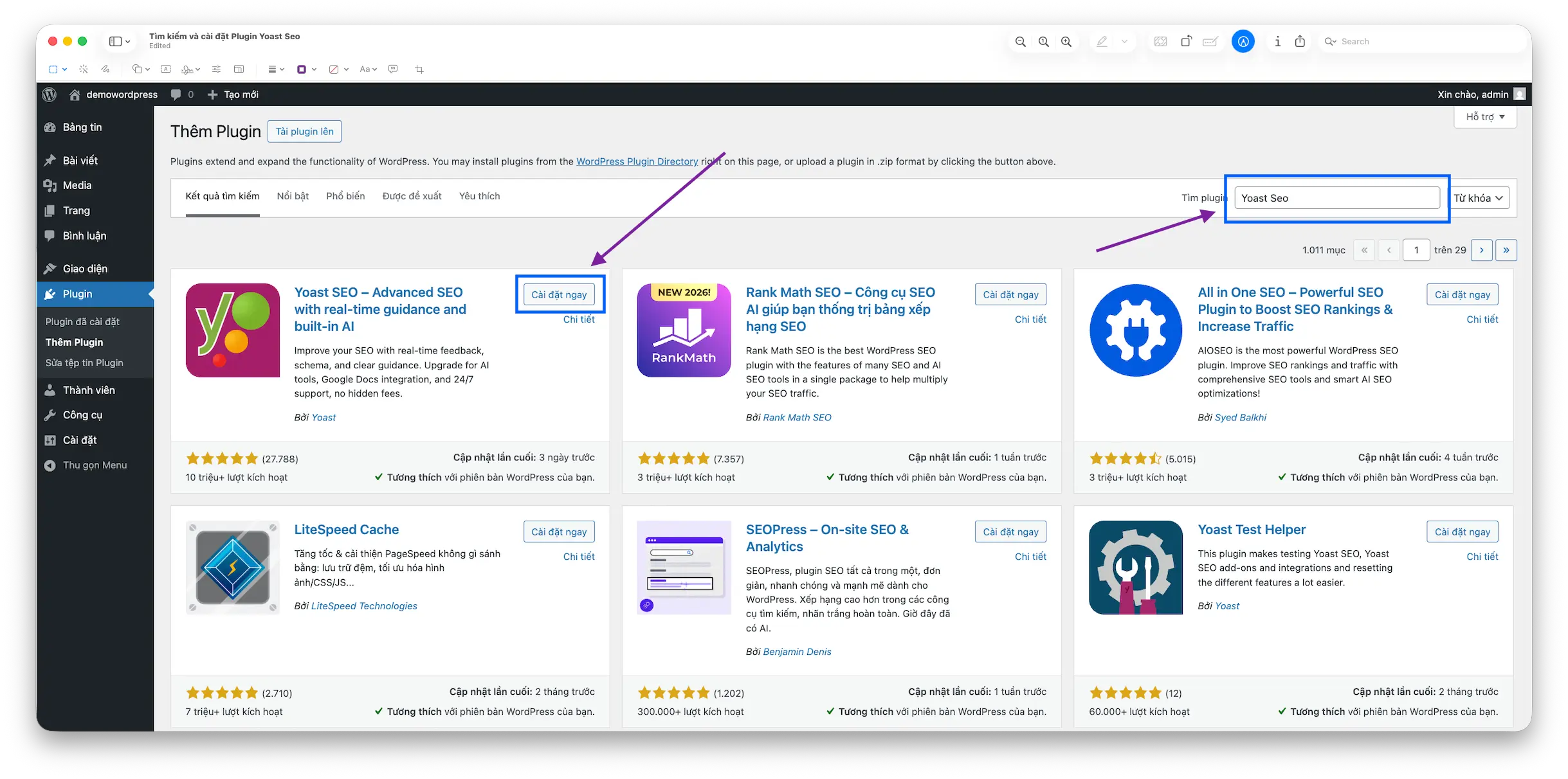 Tìm kiếm và cài đặt Plugin Yoast Seo