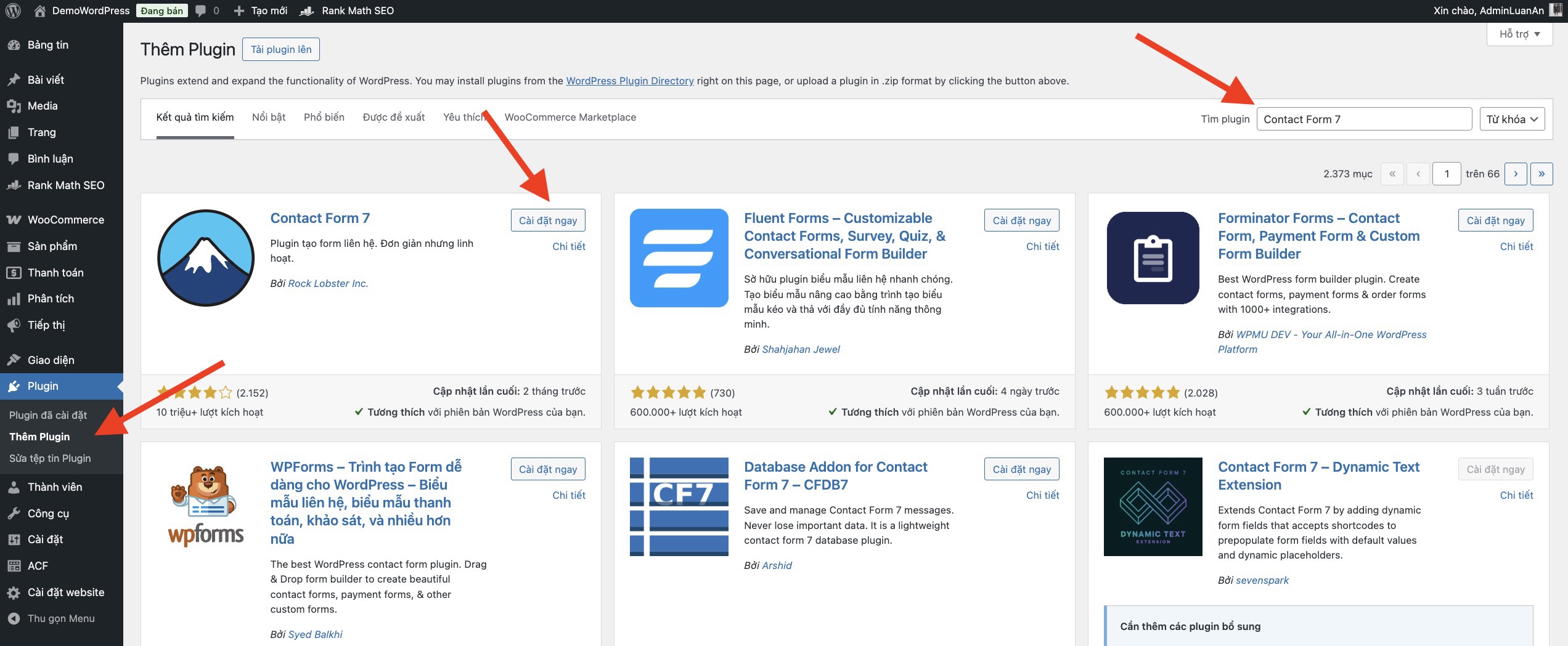 Tạo form trong WordPress: Tìm và cài đặt plugin Contact Form 7
