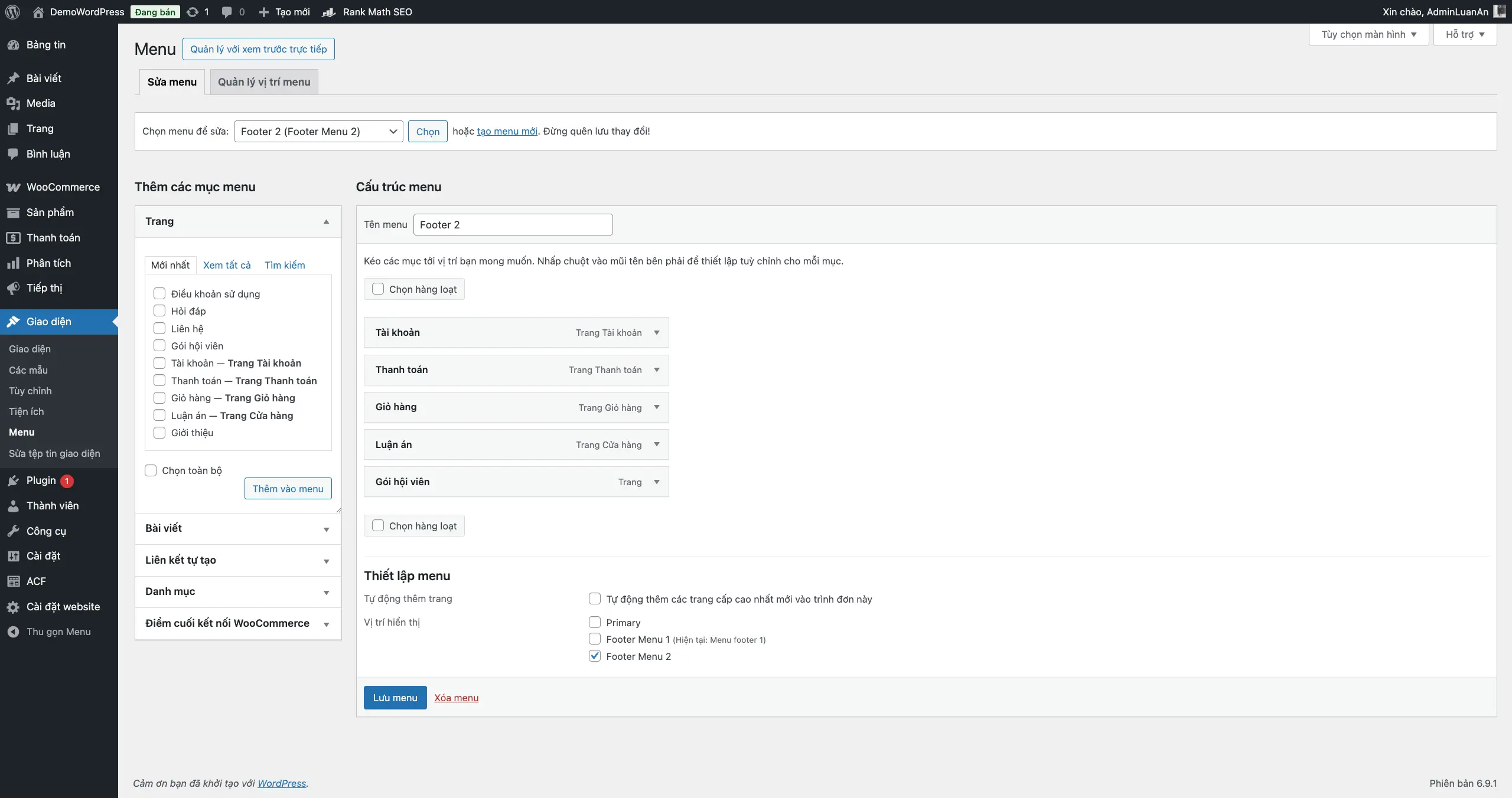 Truy cập khu vực quản lý menu trong WordPress