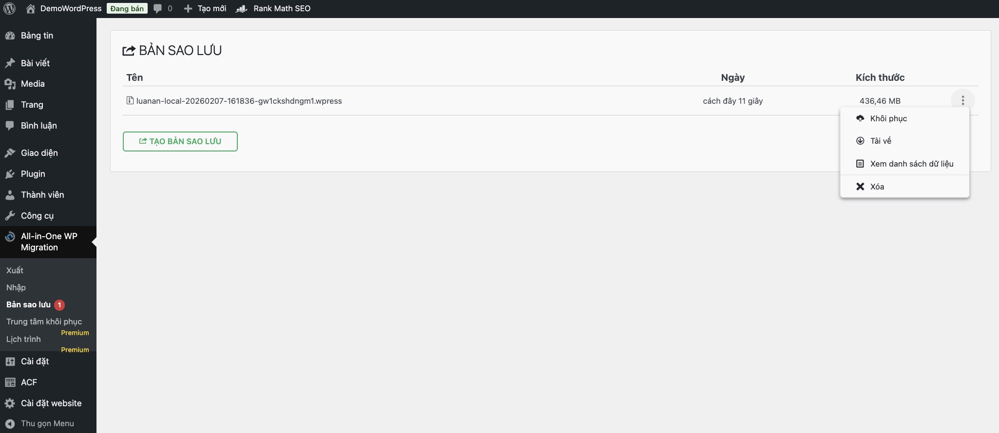 Màn hình Xem lại các bản sao lưu