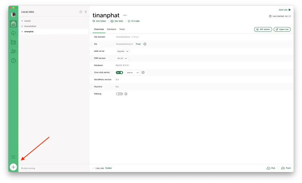 Tạo website mới trên localwp