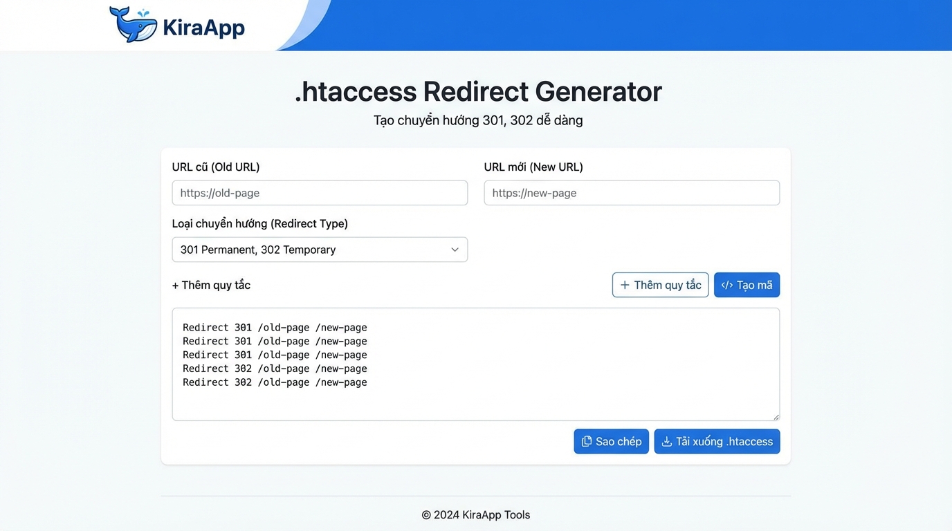Giao diện trực quan và dễ sử dụng của công cụ KiraApp - Công cụ tạo File .htaccess
