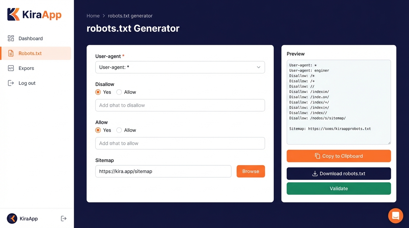 Giao diện trực quan, dễ sử dụng của công cụ KiraApp. - Công cụ Tạo file robots.txt