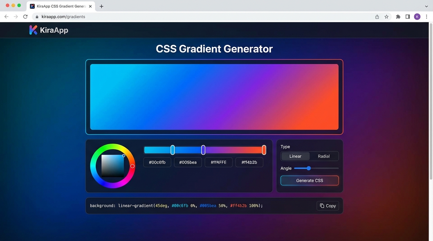 Giao diện Gradient CSS Generator của KiraApp - Công cụ Gradient CSS Generator