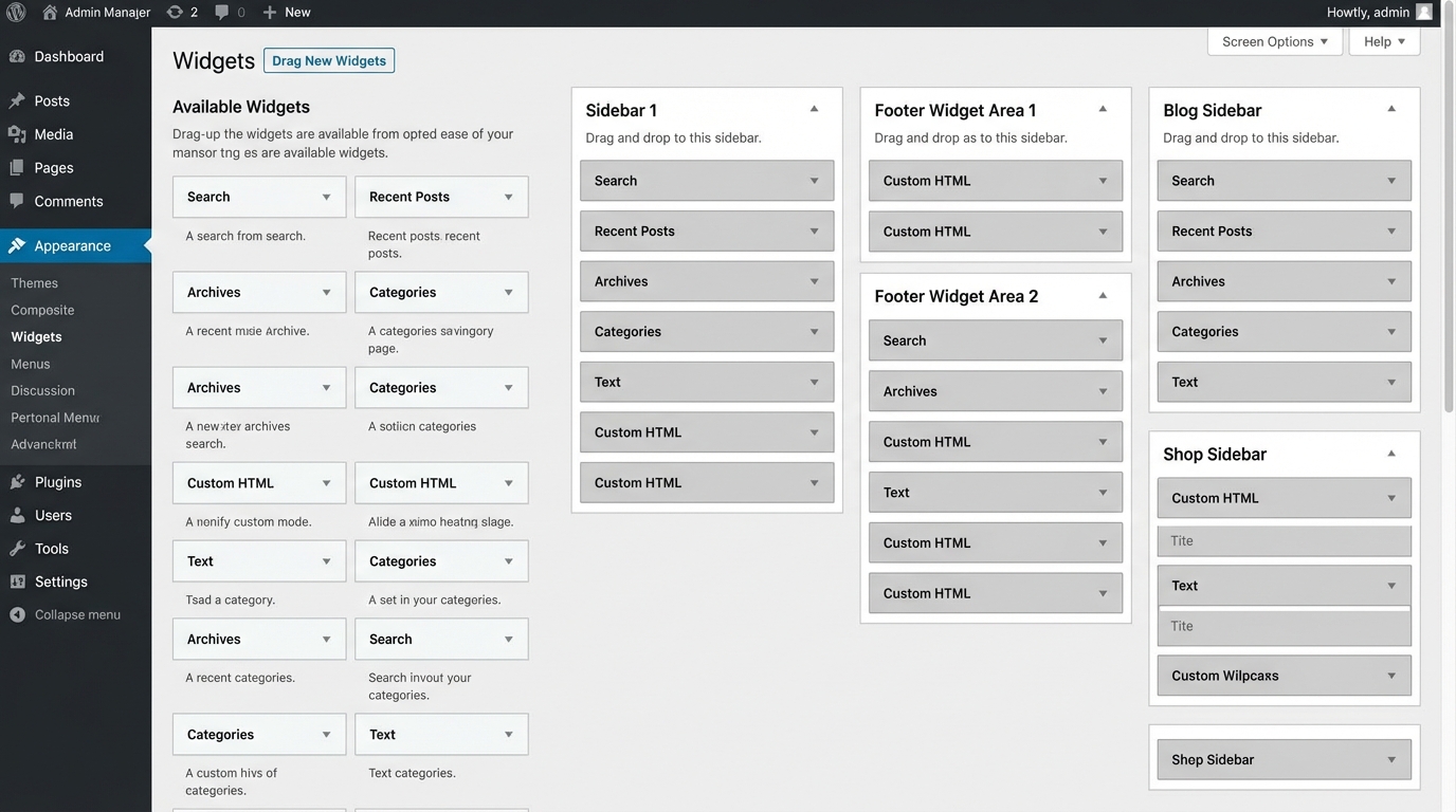 Giao diện quản lý widget sau khi đã đăng ký sidebar thành công - Hướng dẫn tạo sidebar và get sidebar trong wordpress