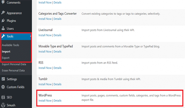 cài đặt và kích hoạt plugin WordPress Importer.