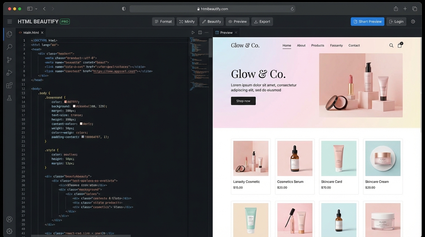 Giao diện trực quan của công cụ làm đẹp HTML - Công cụ Nén & Làm đẹp HTML