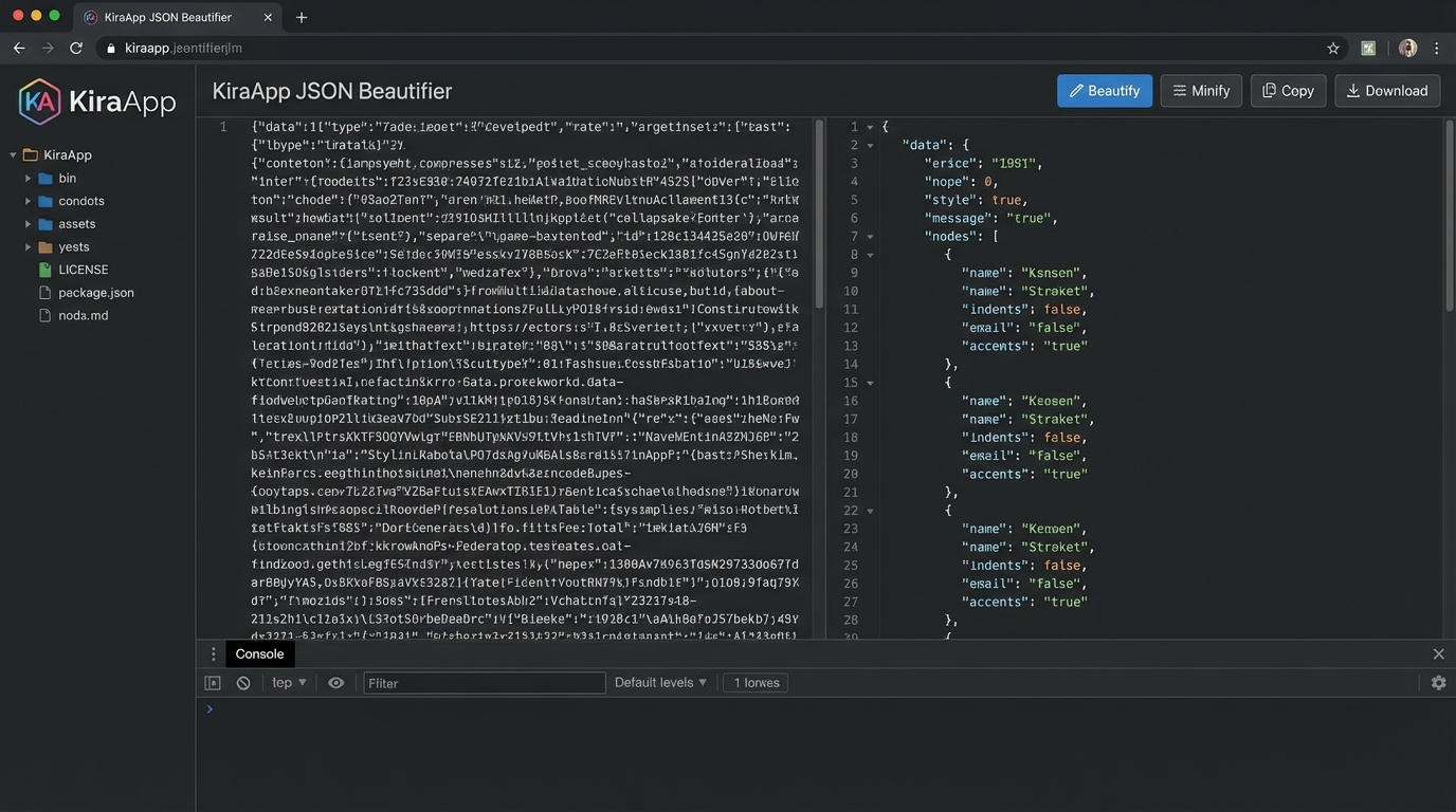 Giao diện trực quan, dễ sử dụng của công cụ làm đẹp JSON KiraApp - Công cụ Nén & Làm đẹp Json