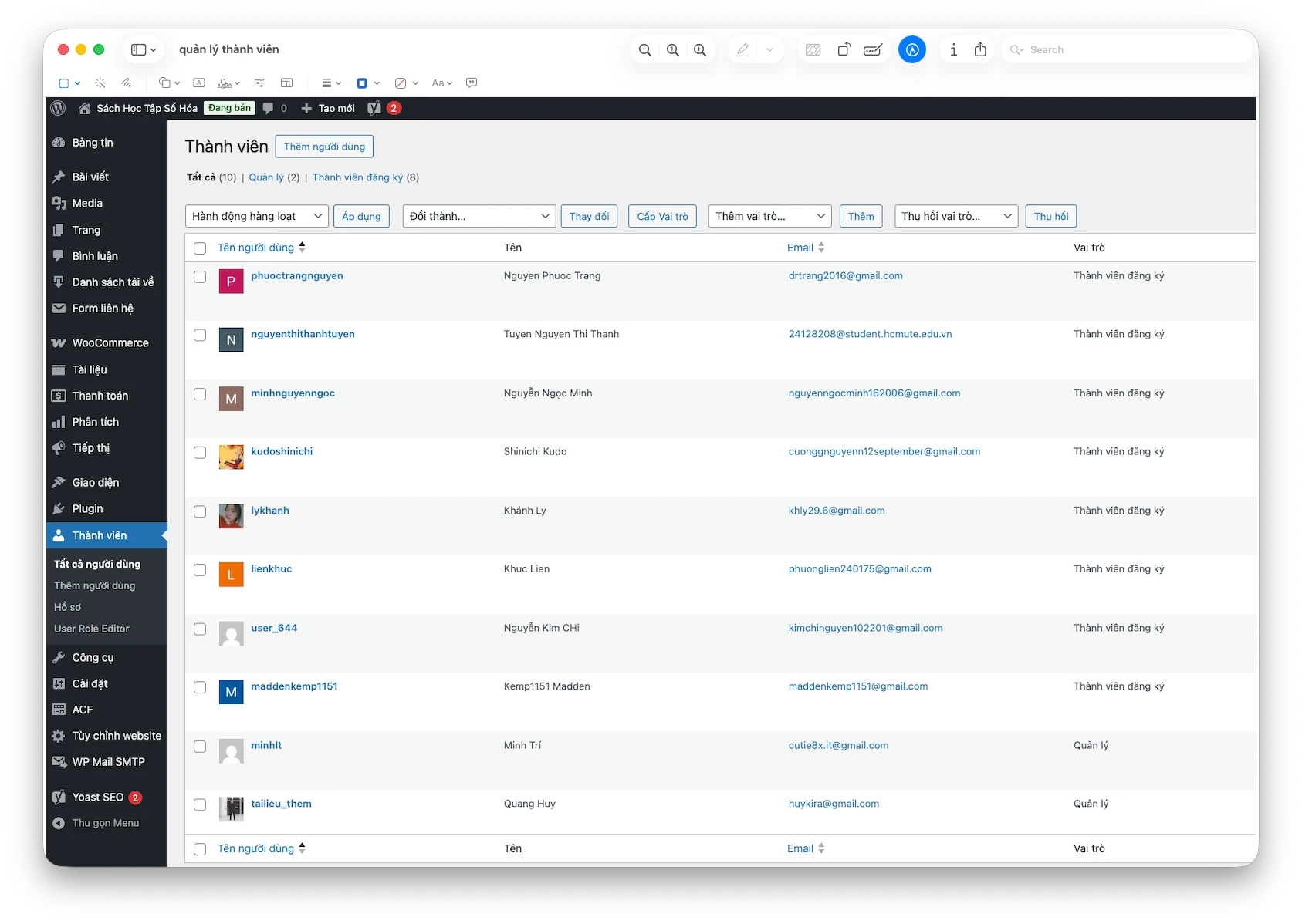 Giao diện quản lý thành viên WordPress