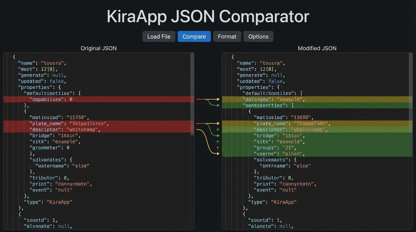 Giao diện so sánh của công cụ so sánh JSON KiraApp - Công cụ So Sánh JSON
