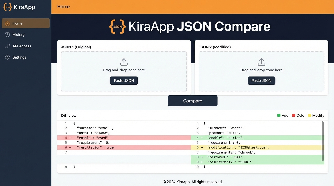 Giao diện trang chủ công cụ so sánh JSON KiraApp - Công cụ So Sánh JSON