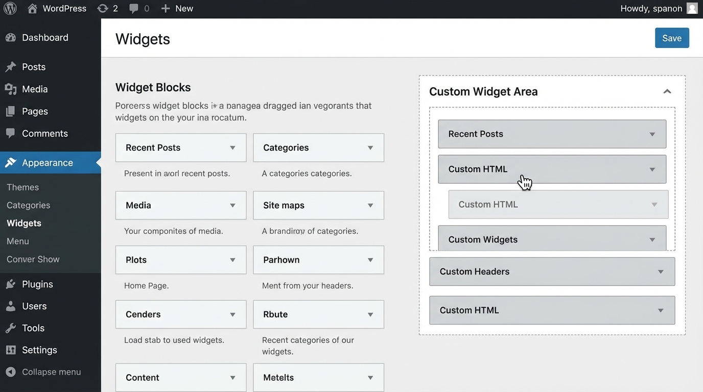 Giao diện quản lý widget trong trang quản trị WordPress - Tạo widget trong wordpress và hiển thị widget