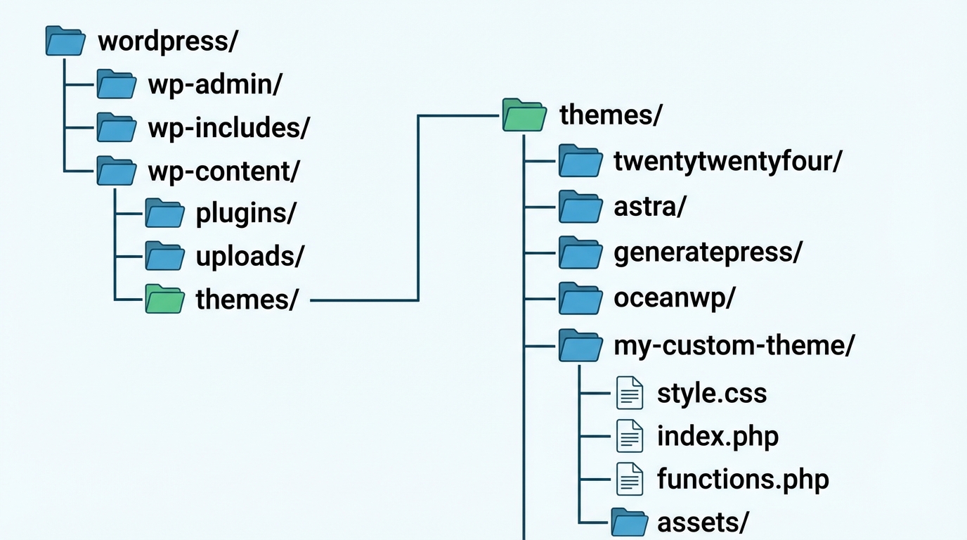 Sơ đồ vị trí thư mục theme trong bộ nguồn WordPress - Tìm hiểu cấu trúc thư mục theme trong wordpress