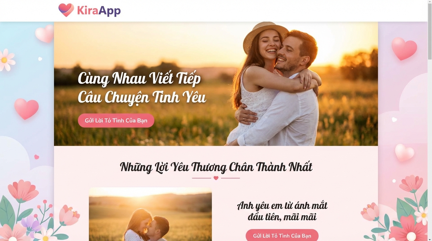 Mẫu website tỏ tình lãng mạn từ KiraApp - Valentine 2026: Quà tặng website tỏ tình siêu đỉnh cho nàng!