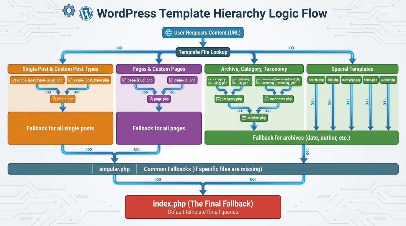 Sơ đồ tư duy về thứ tự ưu tiên của các tệp tin trong WordPress theme. - WordPress Template Hierarchy chi tiết từ A–Z