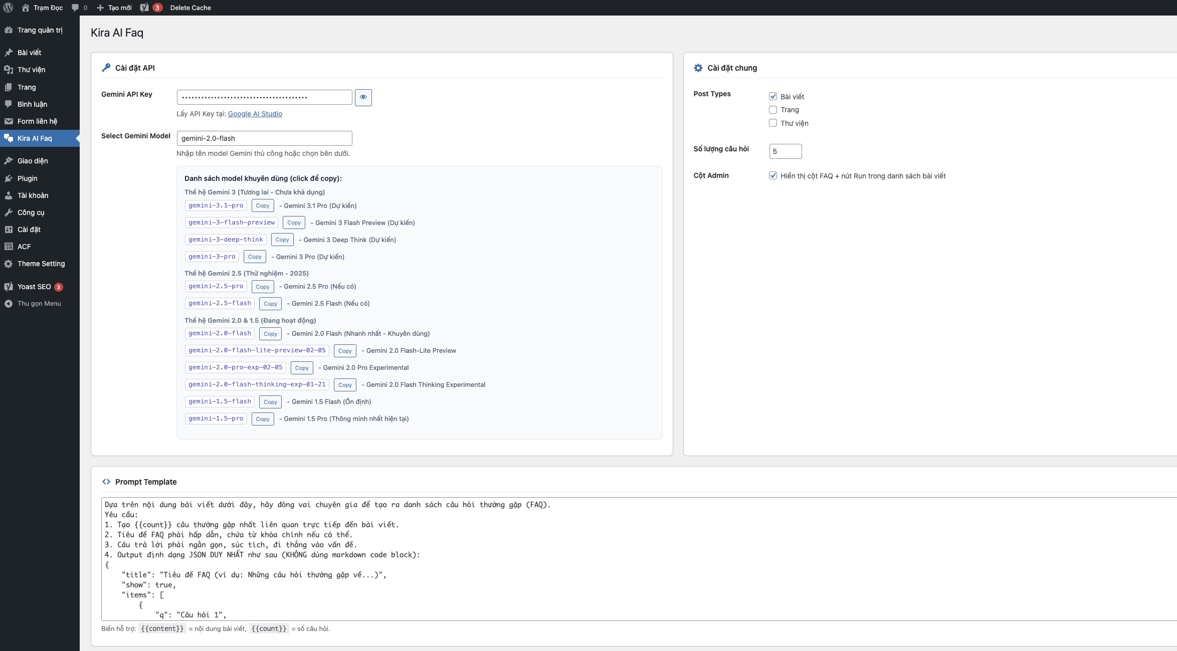 Màn hình cài đặt của plugin Kira AI FAQ